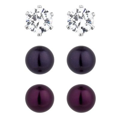 Purple pearl and crystal stud earring set
